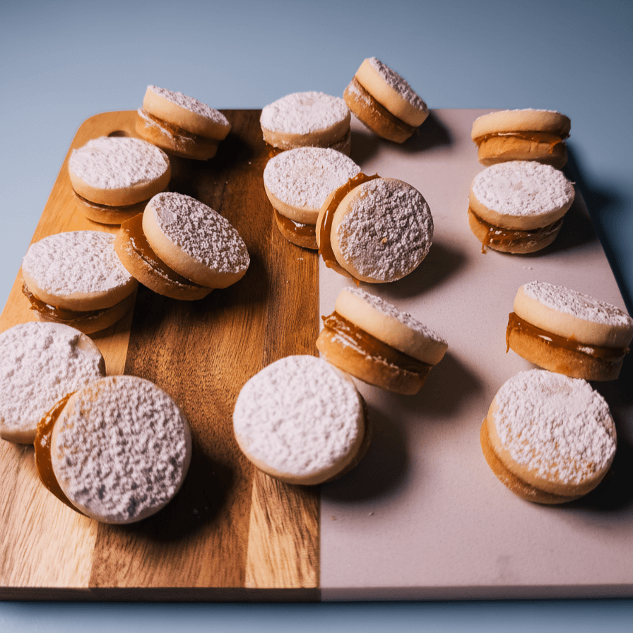 Stacks of alfajores on a wood and marble board, some dusted with powdered sugar